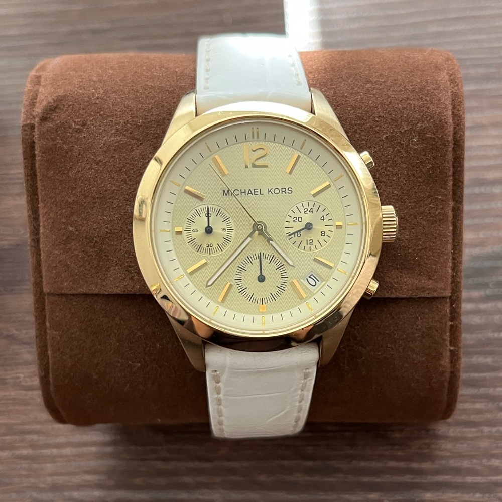 Michael Kors Women’s Gold Watch White Leather Strap